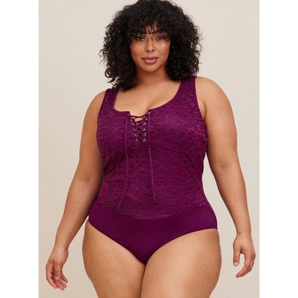 Torrid Bodysuit Corset 5X Lace Seamed Lace Up Bodysuit Purple Floral New - Picture 3 of 9